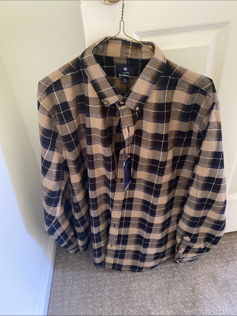 Ben Sherman Black and Tan Plaid Button-Down Shirt